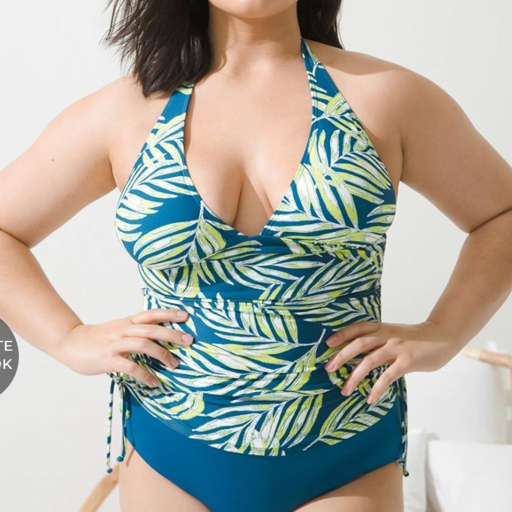 NWT Soma Adjustable Halter Ruched Tankini Top Leaf Print Blue Green Large